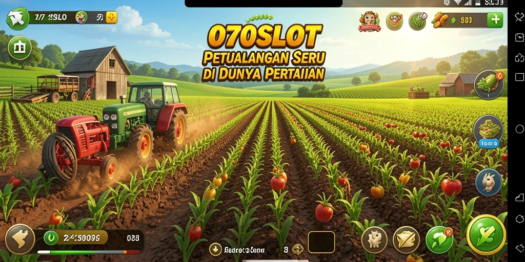 Screenshot gameplay 070SLOT memperlihatkan kebun yang subur dan interaksi petani.