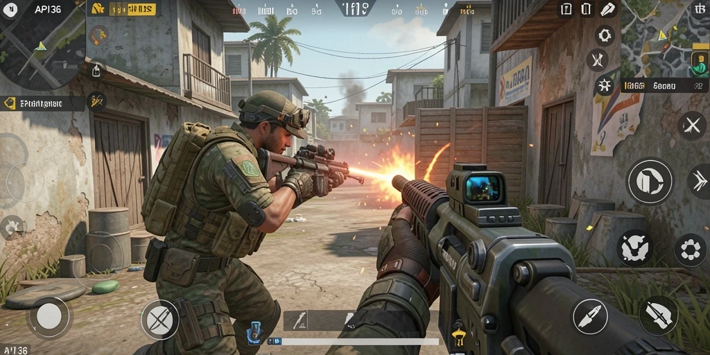 Tampilan gameplay seru dalam API36 dengan pertarungan tembak-menembak.