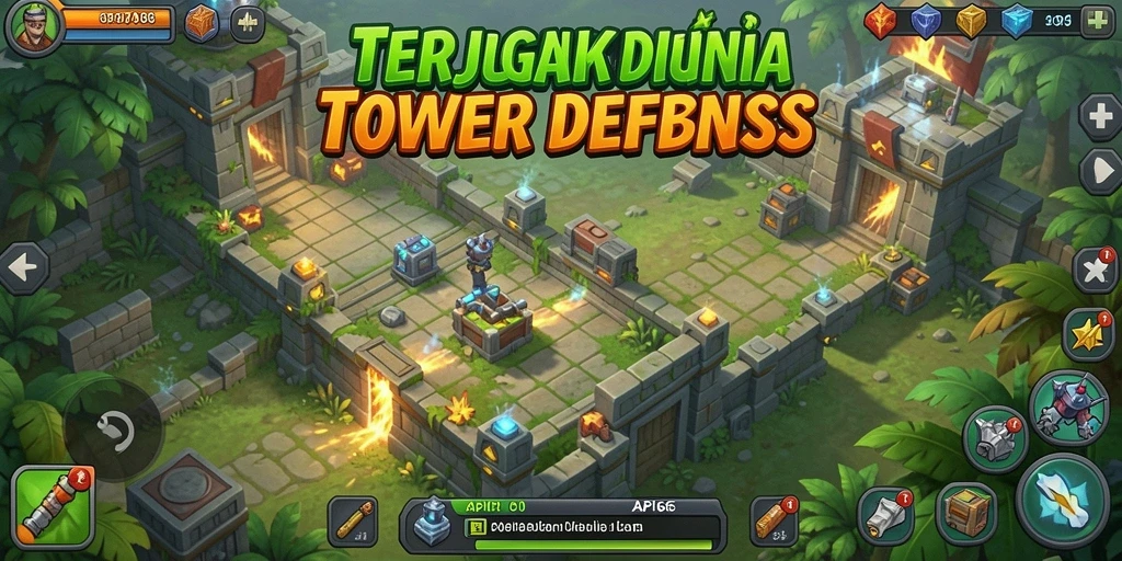 Screenshot menarik gameplay Tower Defense di API66 dengan berbagai menara.