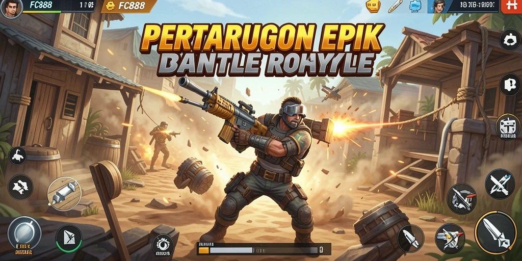 Screenshot utama FC888 menampilkan aksi mendebarkan dalam pertempuran Battle Royale.