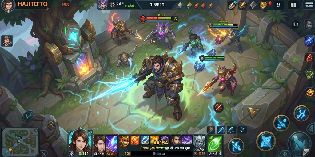 Screenshot utama HAJITOTO menampilkan pertempuran MOBA yang dinamis.