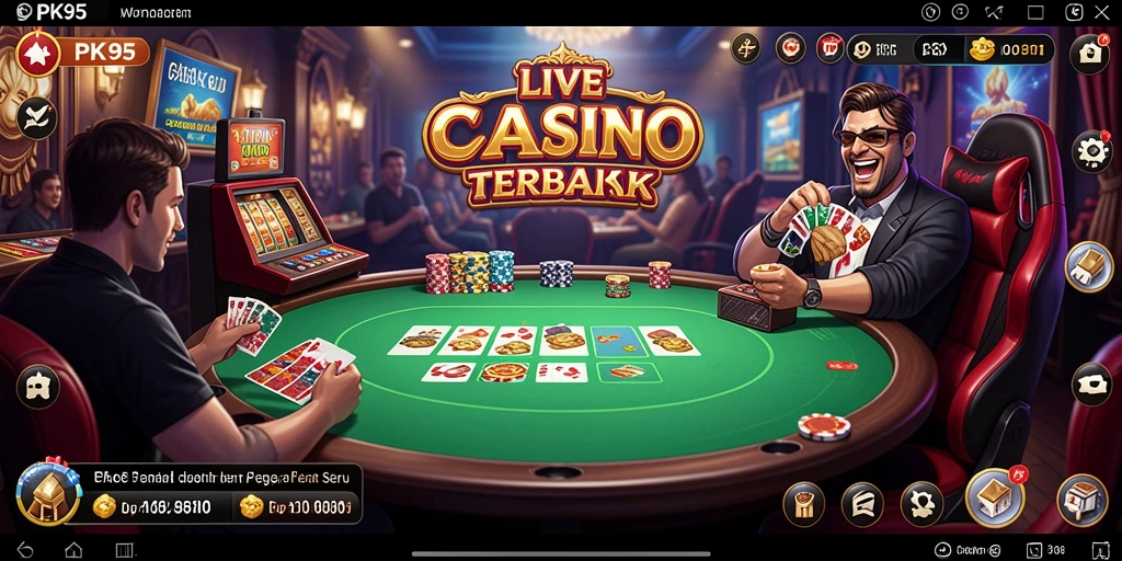 Screenshot PK95 menampilkan dealer live dan suasana kasino yang mendebarkan.