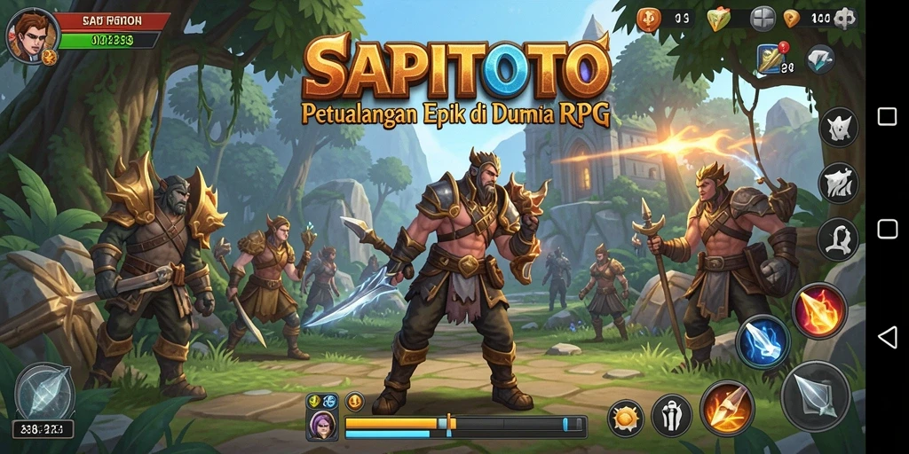 Tangkapan layar gameplay SAPITOTO yang menunjukkan pertarungan epik dengan karakter pahlawan.