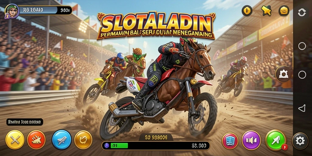 Tangkapan layar menunjukkan aksi balap yang intens dan menegangkan di SLOTALADIN.