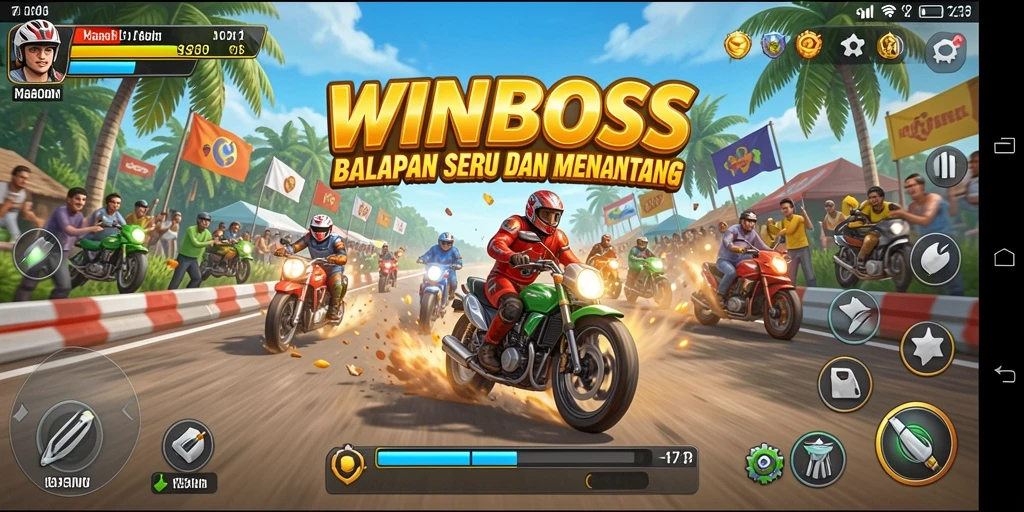 Gameplay seru dan mendebarkan dalam WINBOSS yang menampilkan balapan cepat.